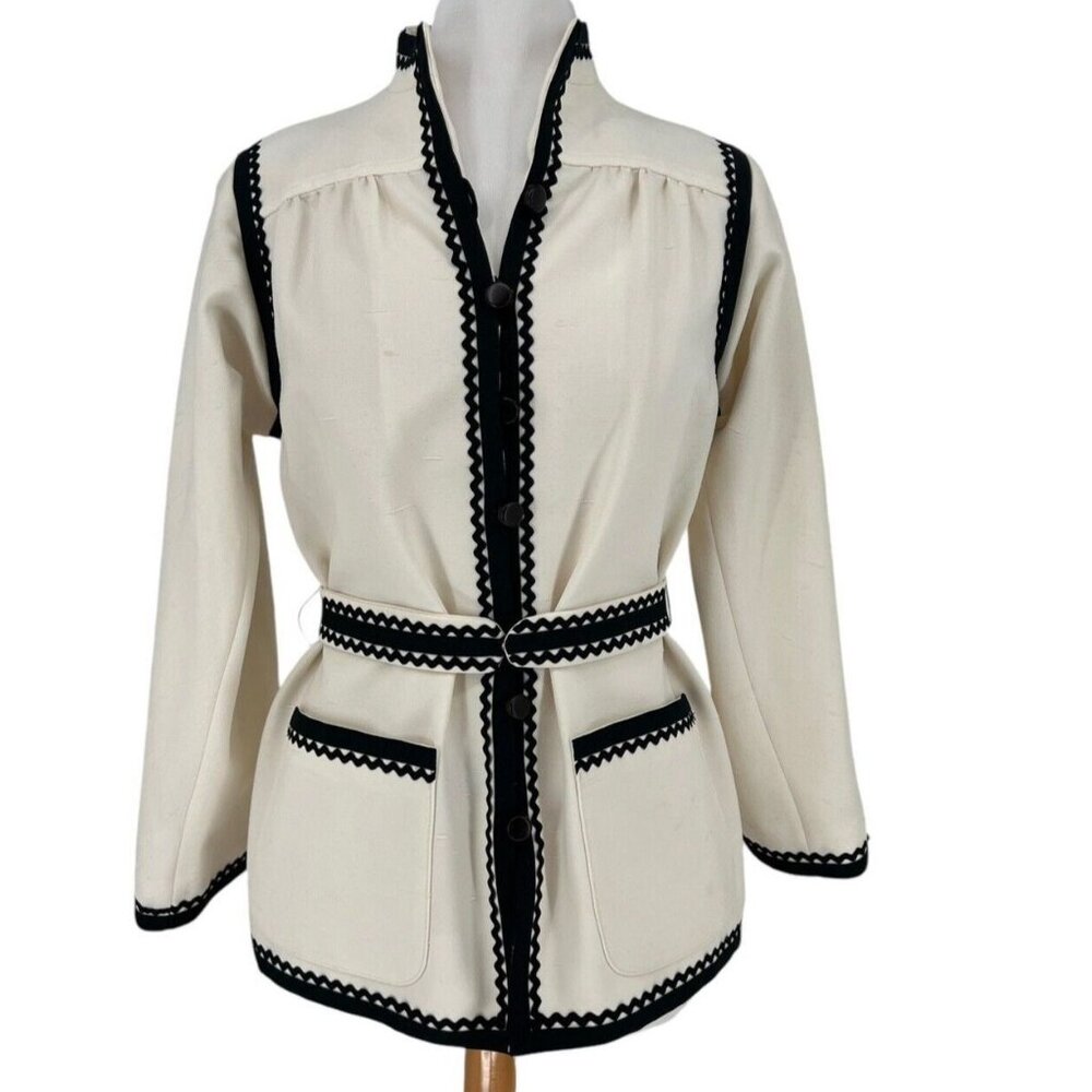 Vintage 70's Lilli Ann Women's Jacket & Belt-Cream with Black Zig Zag Detail- M?